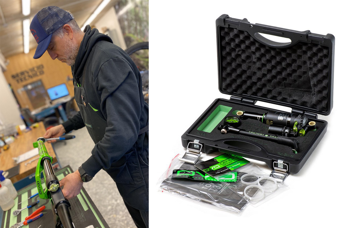 Bike Comp, servicio técnico DVO y detalle del maletín del amortiguador Topaz